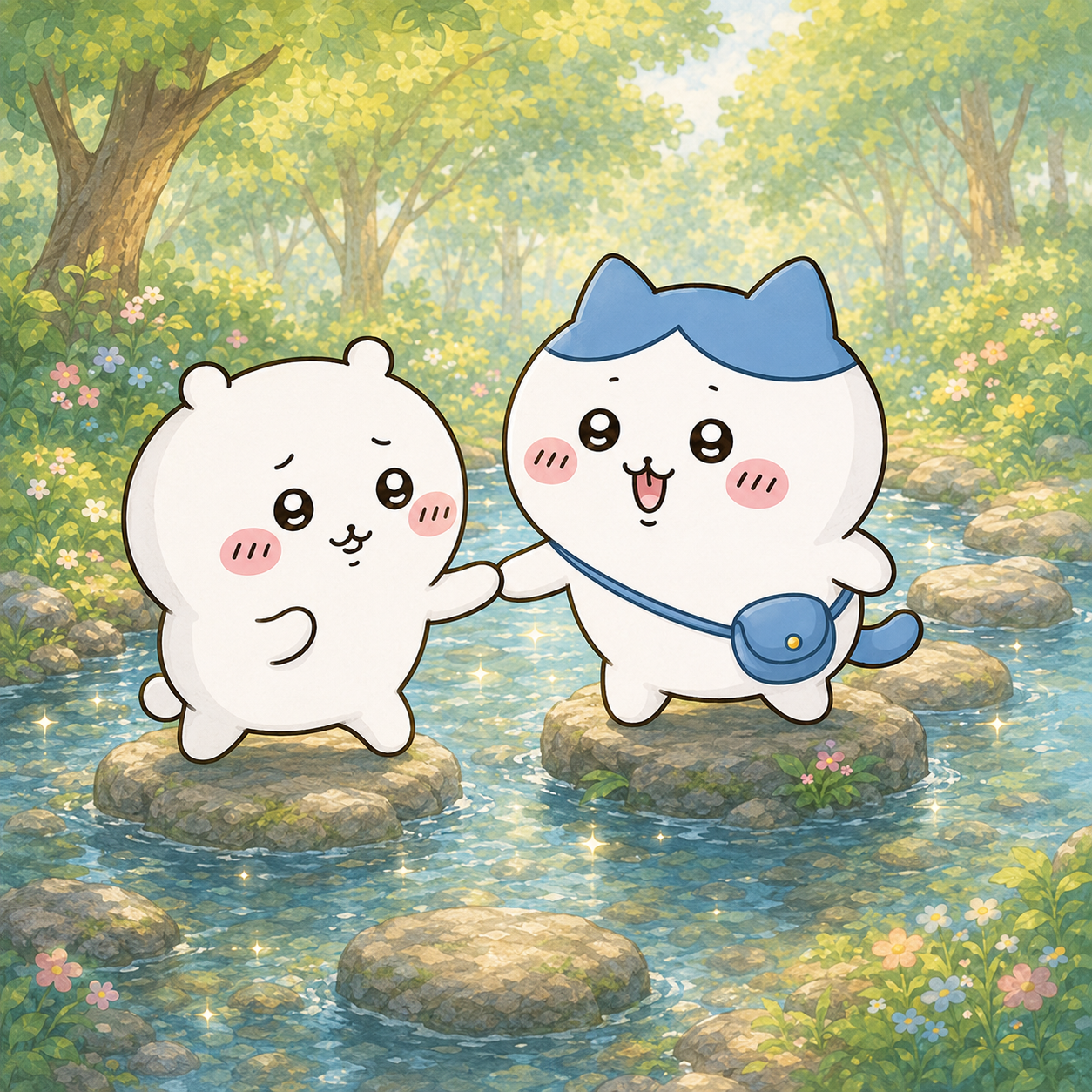Hachiware helping Chiikawa cross the stream